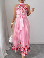 YSONA Halter Neck Floral Print Pleated Maxi Dress — detail view | Women's Dress | Shop YSONA