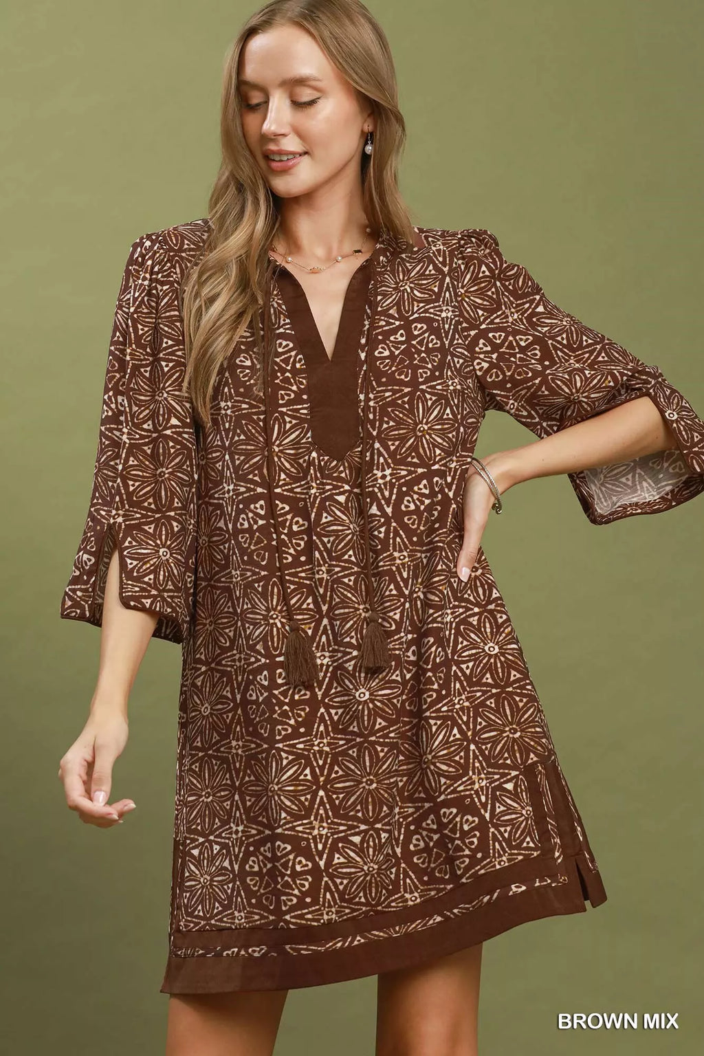 YSONA Umgee Mix Geometric Print V-Neck Tassel Detail Tunic Dress — front view | Women's Dress
