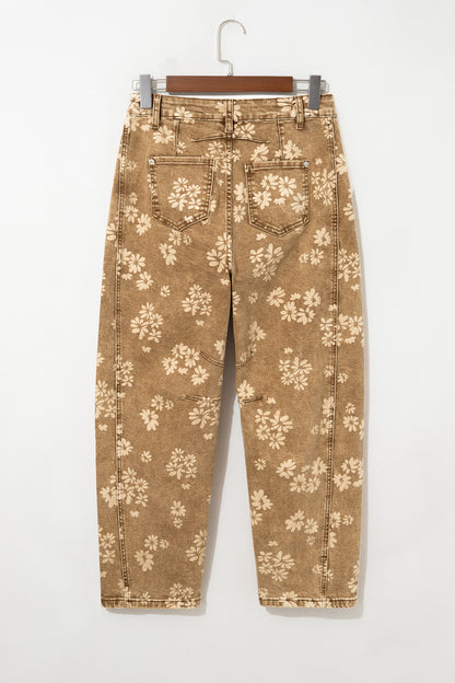 Khaki Floral Print Metal Button Pleated Straight Leg Jeans