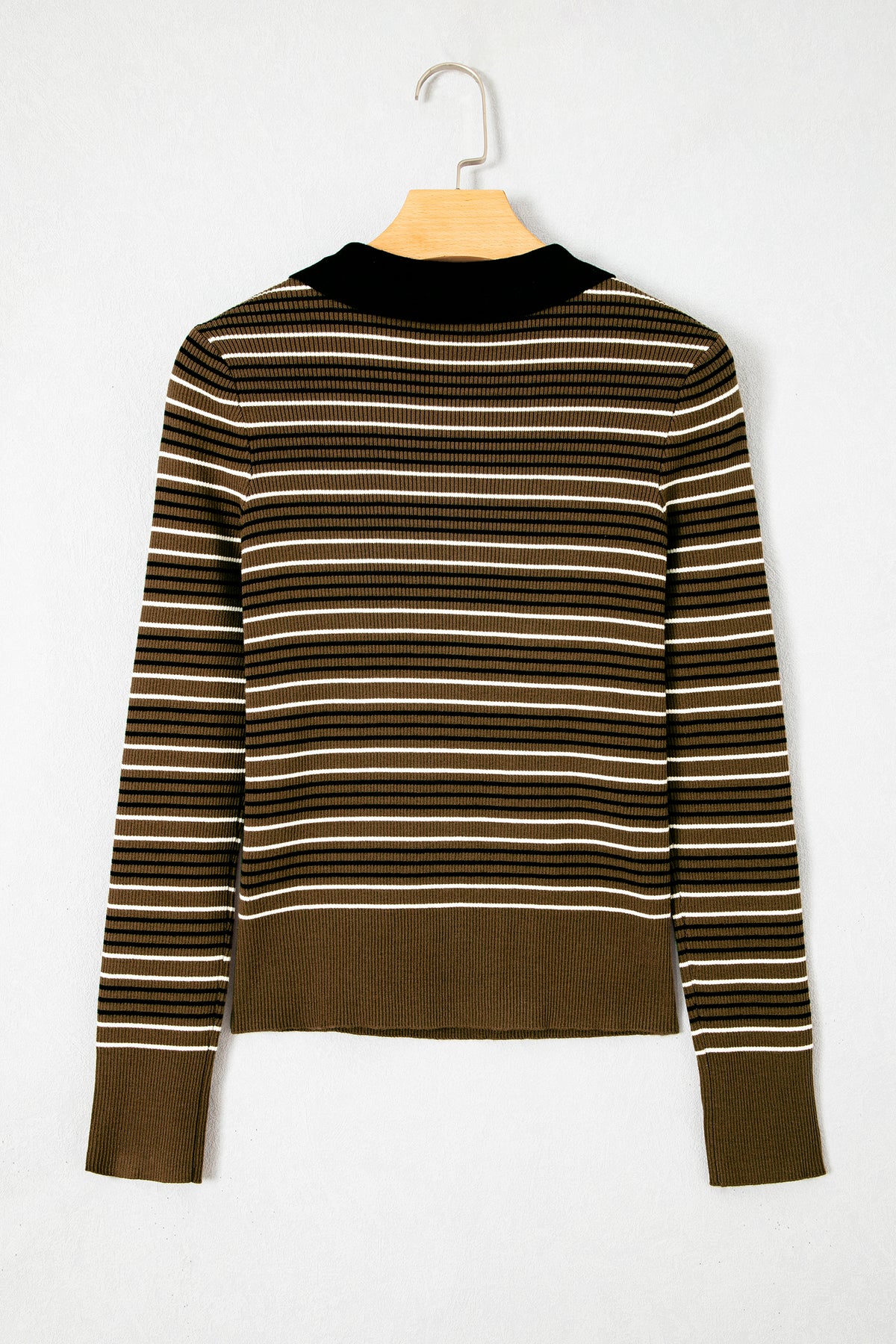 Green Stripe Striped Ribbed Knit Button Collar Sweater