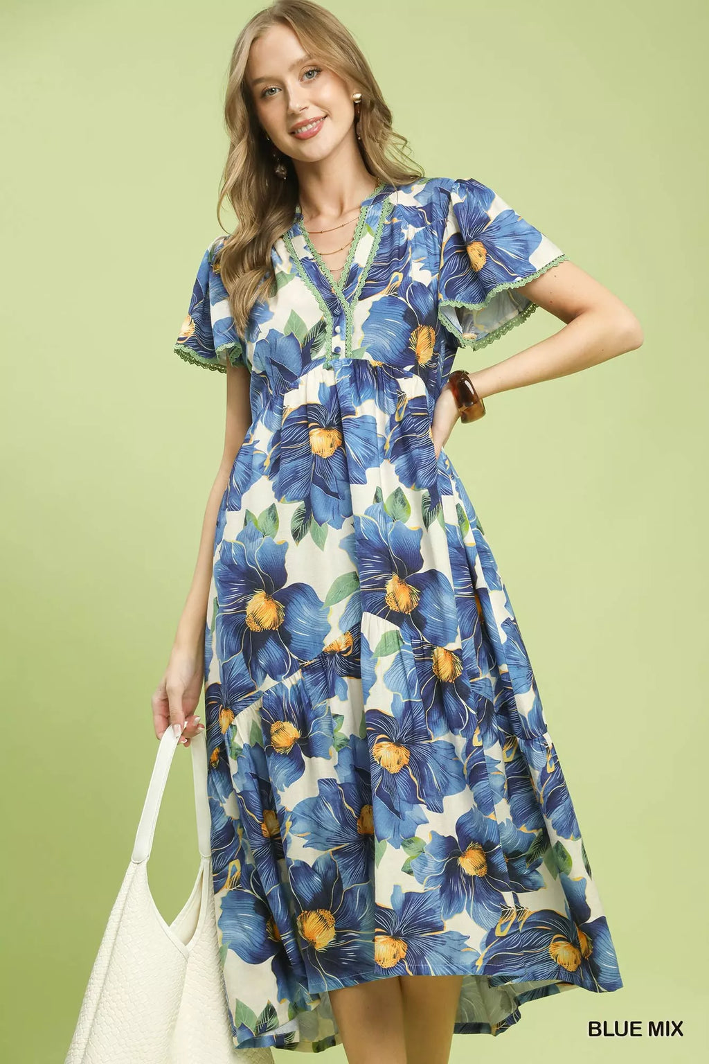 YSONA Umgee Tropical Floral V-Neck Flutter Sleeve Tiered Midi Dress — front view | Women's Dress