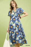 YSONA Umgee Tropical Floral V-Neck Flutter Sleeve Tiered Midi Dress — front view | Women's Dress