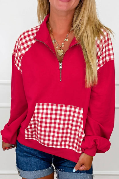 Dark Green Patchwork Plaid Pocket Quarter Zip Sweatshirt