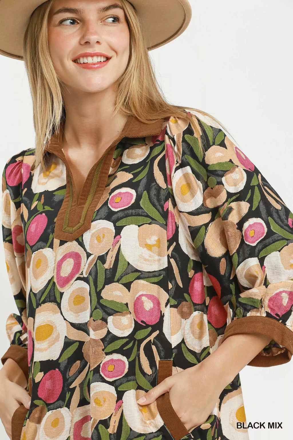 YSONA Umgee Mix Floral Contrast Trim Shift Mini Dress — model wearing | Women's Dress | Shop YSONA