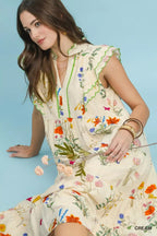 YSONA Umgee Floral Ruffle Tiered Midi Dress with Scalloped Detail — model wearing | Women's Dress