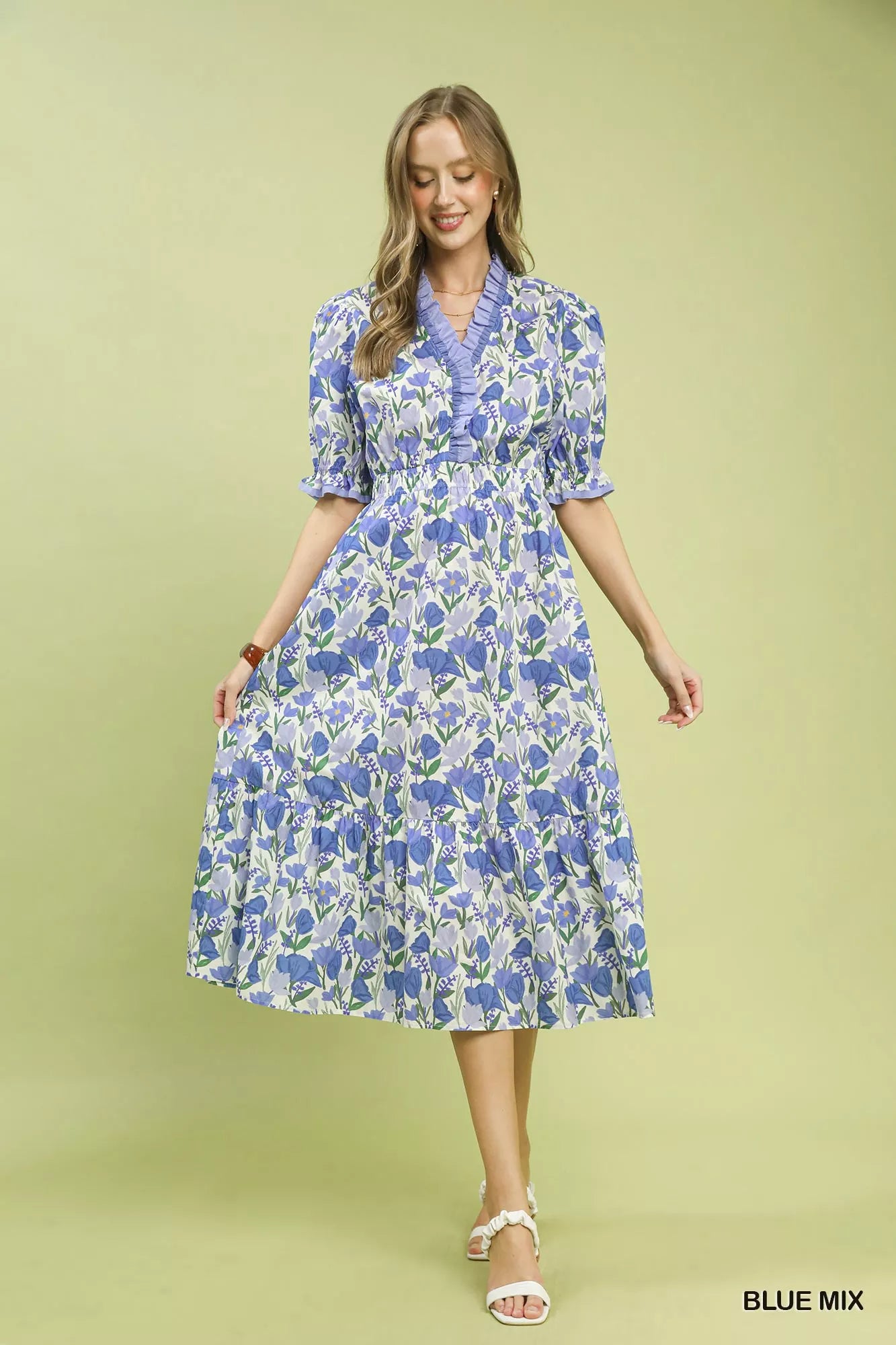 YSONA Umgee Floral Ruffle Trim Tiered Midi Dress — model wearing | Women's Dress | Shop YSONA