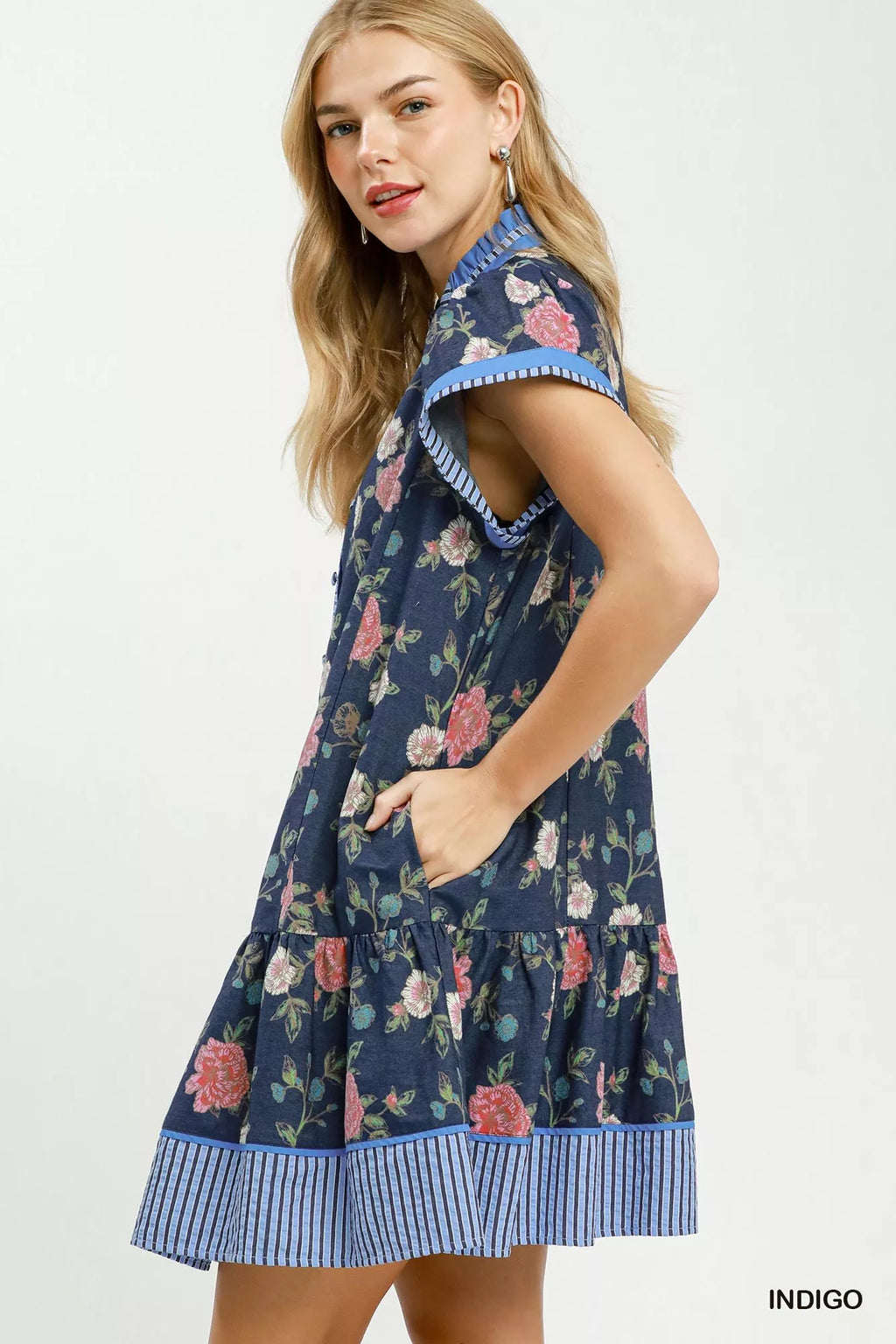 YSONA Umgee Floral Contrast Trim Ruffle Hem Mini Dress — back view | Women's Dress | Shop YSONA