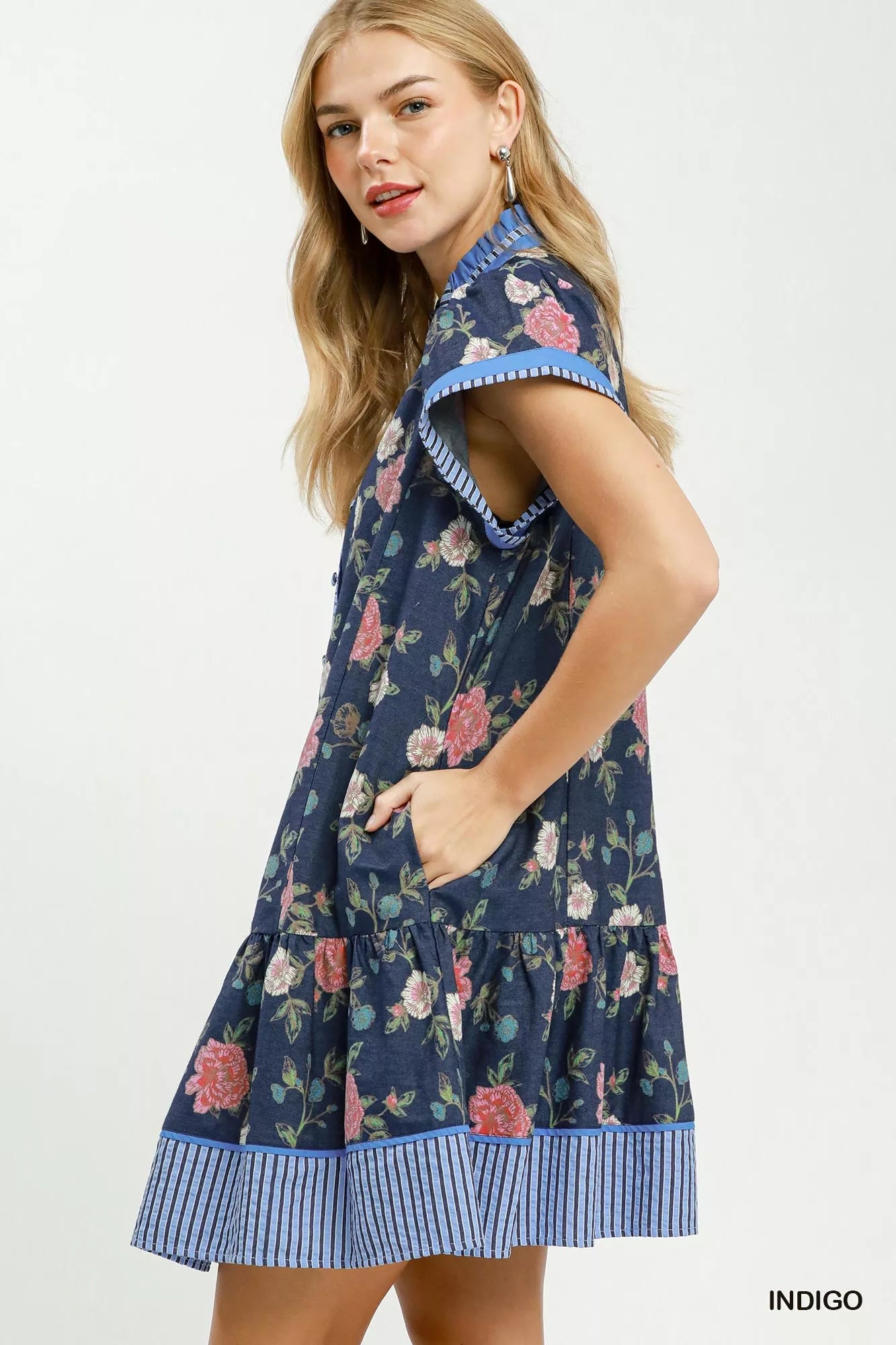 YSONA Umgee Floral Contrast Trim Ruffle Hem Mini Dress — back view | Women's Dress | Shop YSONA
