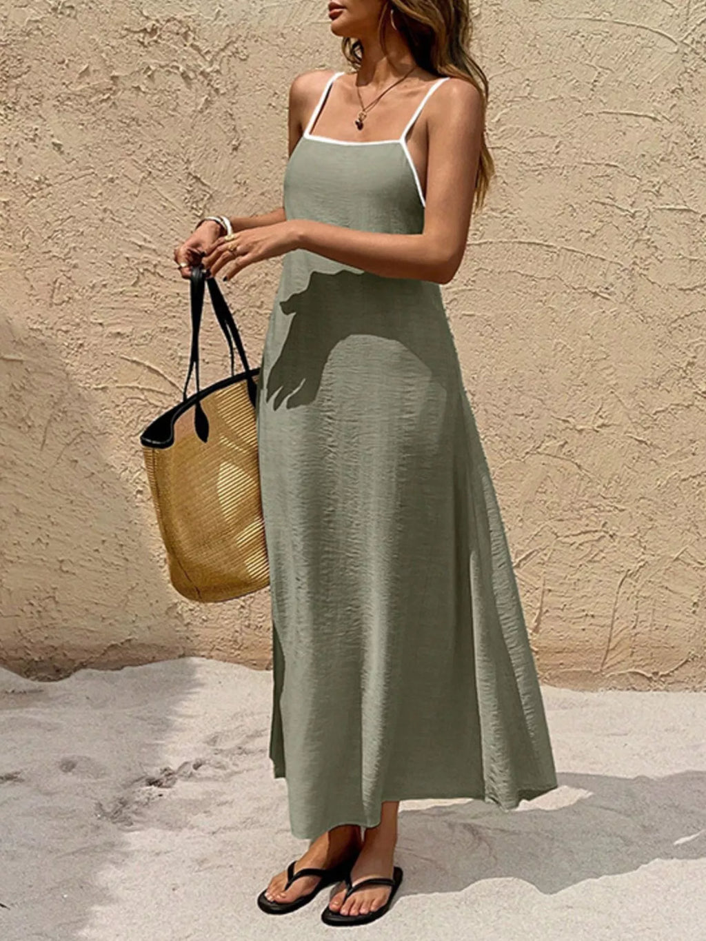 YSONA Spaghetti Strap Maxi Dress with Contrasting Trim — side view | Women's Dress | Shop YSONA