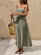 YSONA Spaghetti Strap Maxi Dress with Contrasting Trim — side view | Women's Dress | Shop YSONA