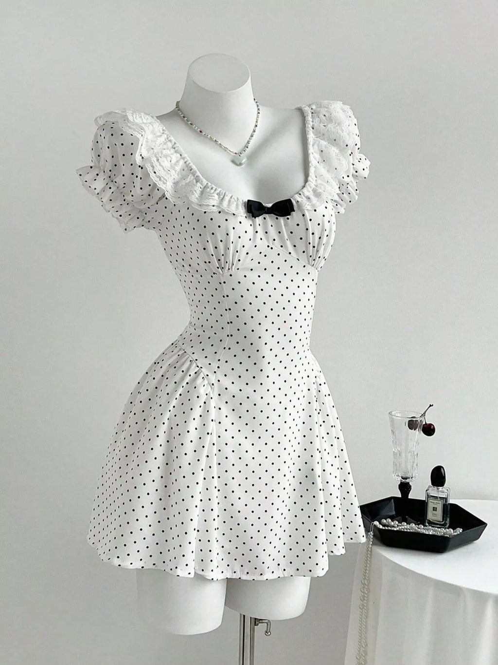 YSONA Lace Detail Polka Dot Mini Dress — detail view | Women's Dress | Shop YSONA