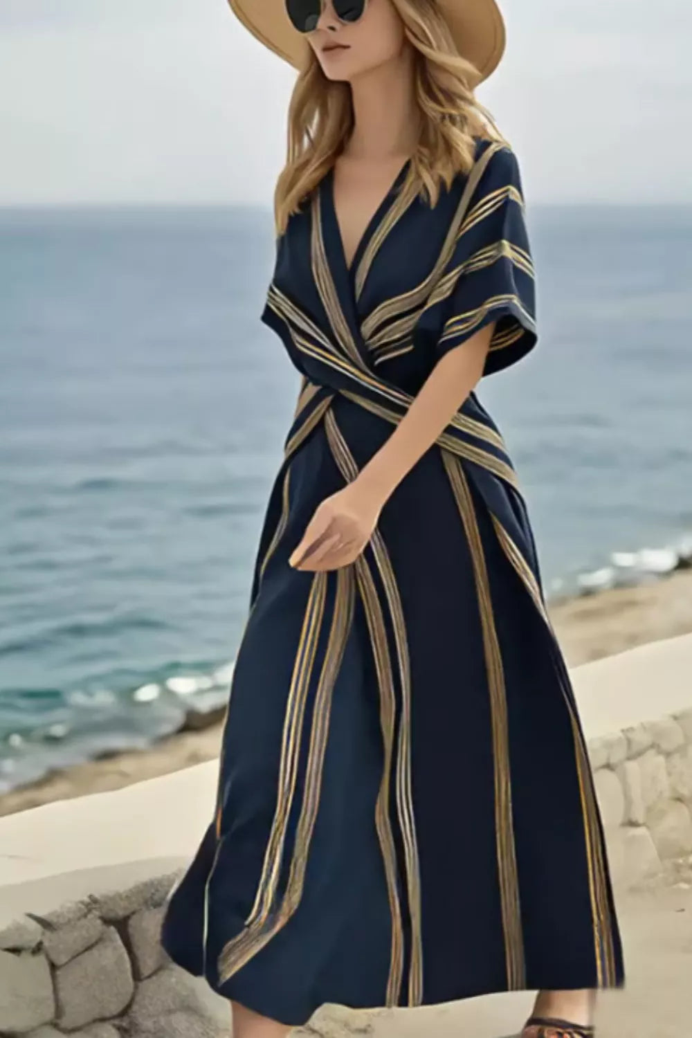YSONA Striped Wrap Half Sleeve Maxi Dress — model wearing | Women's Dress | Shop YSONA