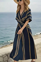 YSONA Striped Wrap Half Sleeve Maxi Dress — model wearing | Women's Dress | Shop YSONA