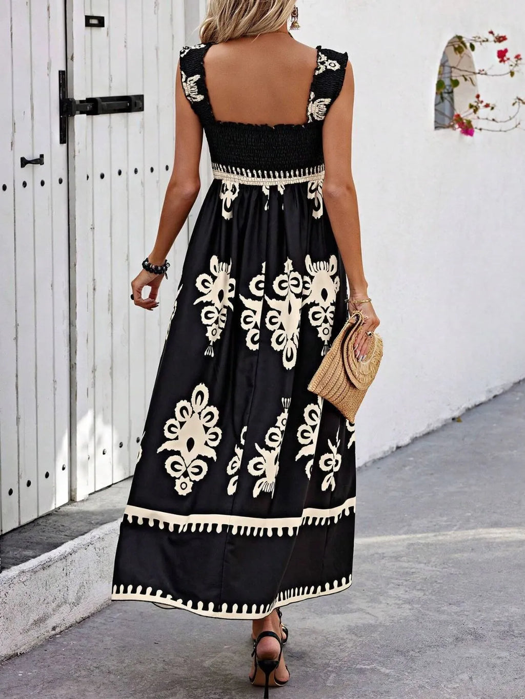 YSONA Smocked Printed Wide Strap Maxi Dress — model wearing | Women's Dress | Shop YSONA