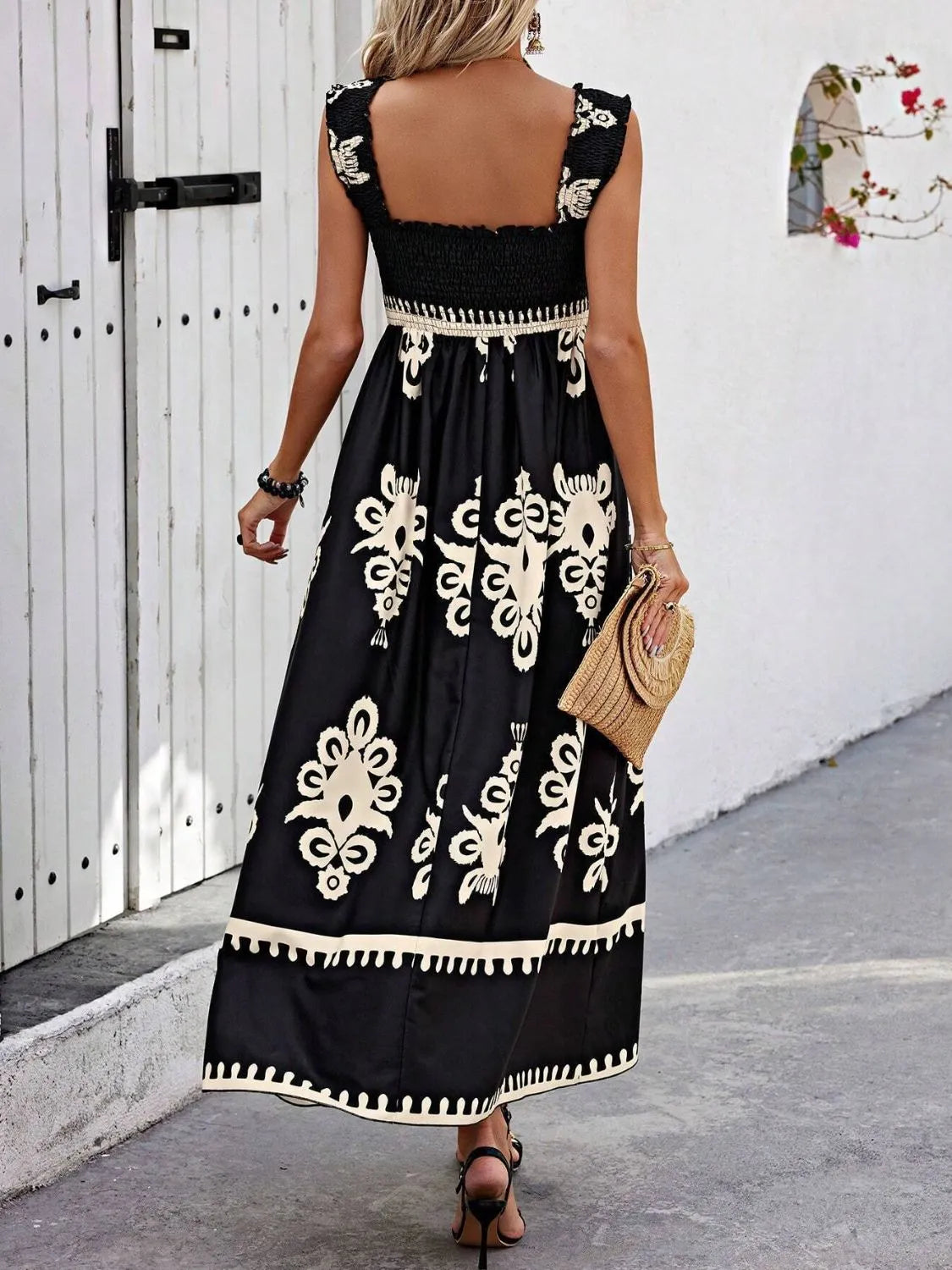 YSONA Smocked Printed Wide Strap Maxi Dress — model wearing | Women's Dress | Shop YSONA