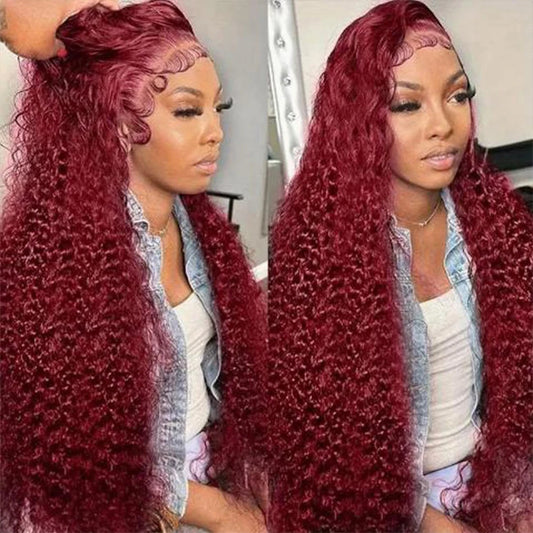 99J Burgundy Deep Wave Lace Front Wig – 250% Density Curly Wet & Wavy, 32 Inch Pre-Plucked