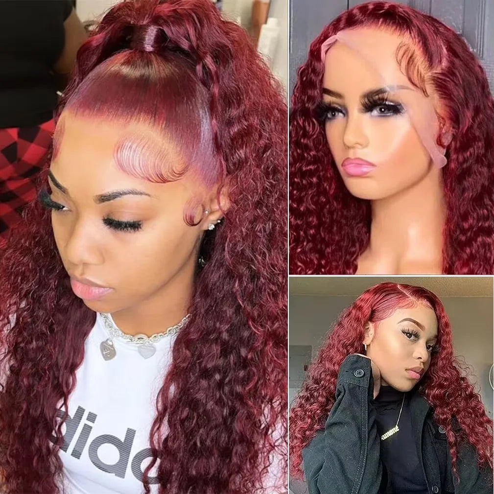 99J Burgundy Deep Wave Lace Front Wig – 250% Density Curly Wet & Wavy, 32 Inch Pre-Plucked