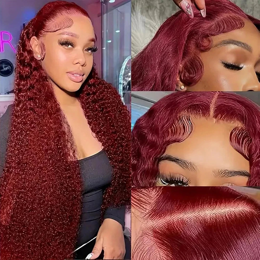 99J Burgundy Deep Wave Lace Front Wig – 250% Density Curly Wet & Wavy, 32 Inch Pre-Plucked