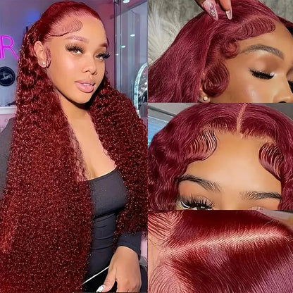 99J Burgundy Deep Wave Lace Front Wig – 250% Density Curly Wet & Wavy, 32 Inch Pre-Plucked