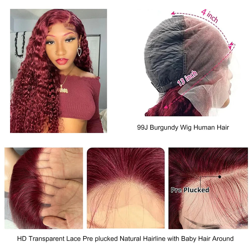 99J Burgundy Deep Wave Lace Front Wig – 250% Density Curly Wet & Wavy, 32 Inch Pre-Plucked
