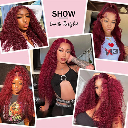 99J Burgundy Deep Wave Lace Front Wig – 250% Density Curly Wet & Wavy, 32 Inch Pre-Plucked
