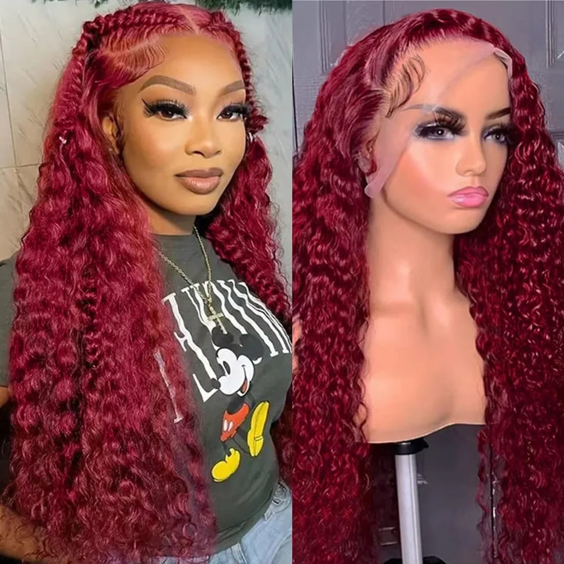 99J Burgundy Deep Wave Lace Front Wig – 250% Density Curly Wet & Wavy, 32 Inch Pre-Plucked
