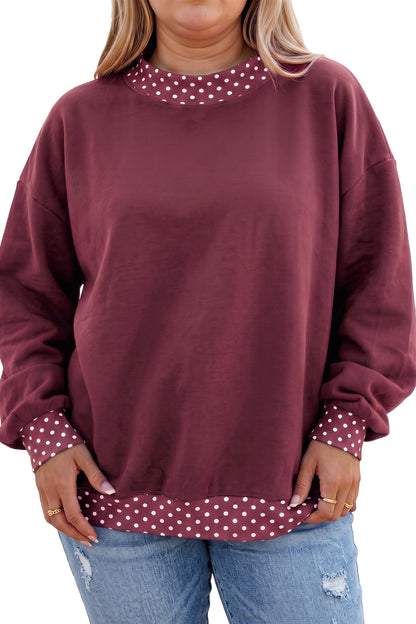 Dirty blue Polka Dot Patchwork Round Neck Plus Size Sweatshirt