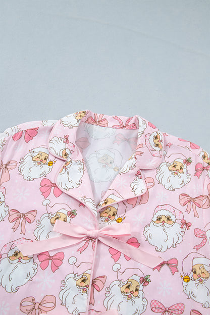 Pink Santa Print Paneling Shift Silhouette Short Sleeve Lounge Set