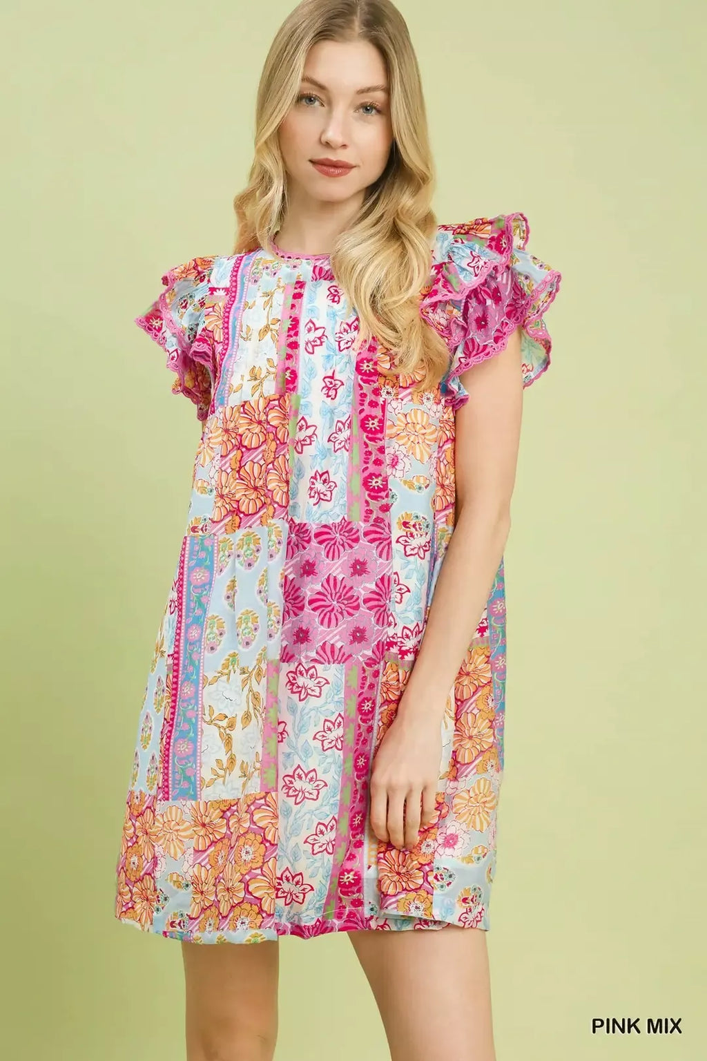 YSONA Umgee Mix Patchwork Flutter Sleeve Mini Dress — front view | Women's Dress | Shop YSONA