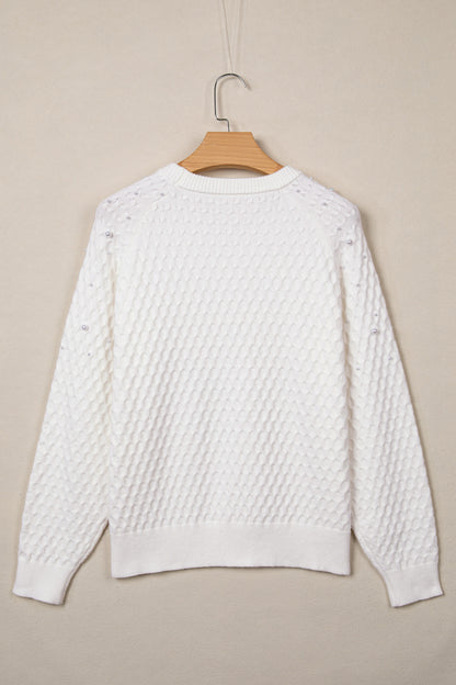 White Solid Textured Knit Pearl Embellished Pullover Sweater