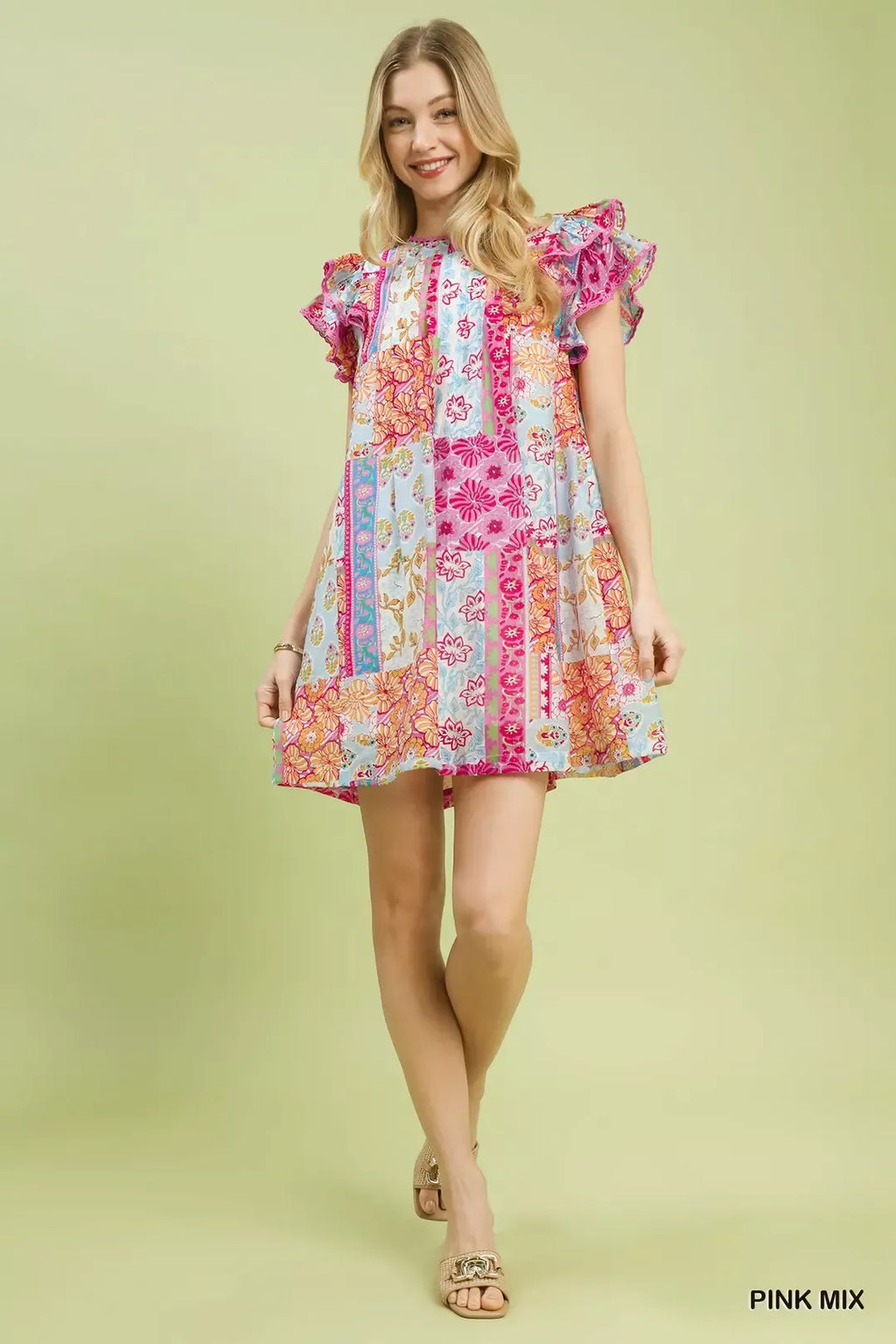 YSONA Umgee Mix Patchwork Flutter Sleeve Mini Dress — detail view | Women's Dress | Shop YSONA