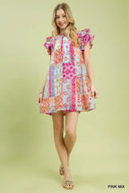 YSONA Umgee Mix Patchwork Flutter Sleeve Mini Dress — detail view | Women's Dress | Shop YSONA