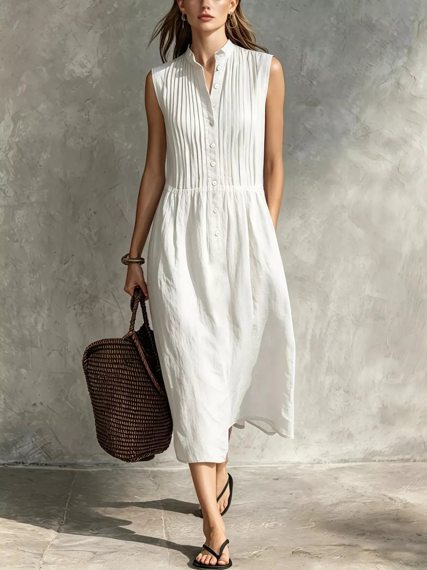 YSONA Full Size Sleeveless Button Front Midi Dress Plus Size — front view | Women's Dress