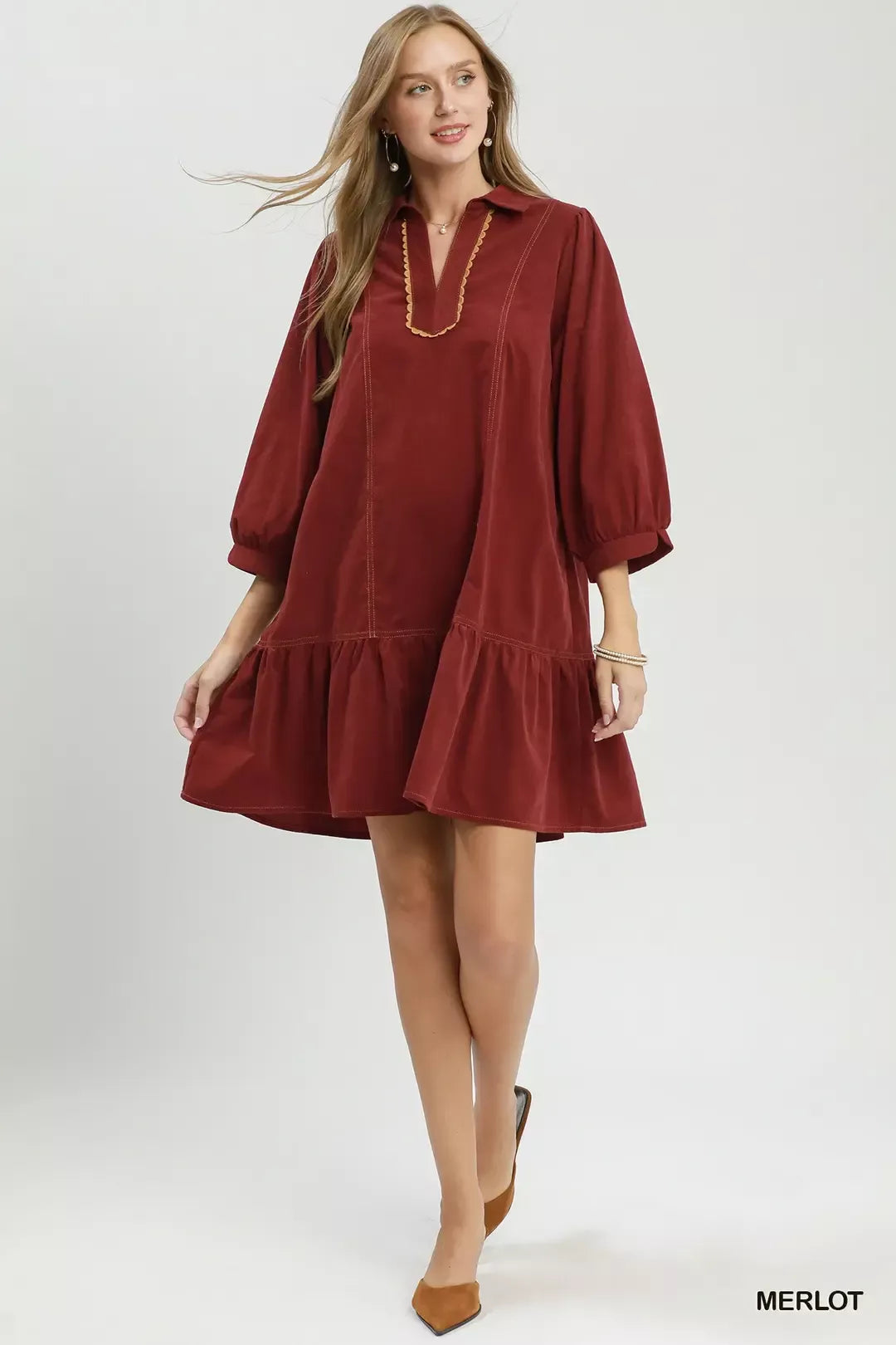 YSONA Umgee Corduroy Contrast Trim Tiered Babydoll Dress — detail view | Women's Dress | Shop YSONA