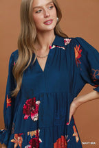 YSONA Umgee Floral Print Tiered Midi Dress with Puff Sleeves — close-up view | Women's Dress | Shop YSONA