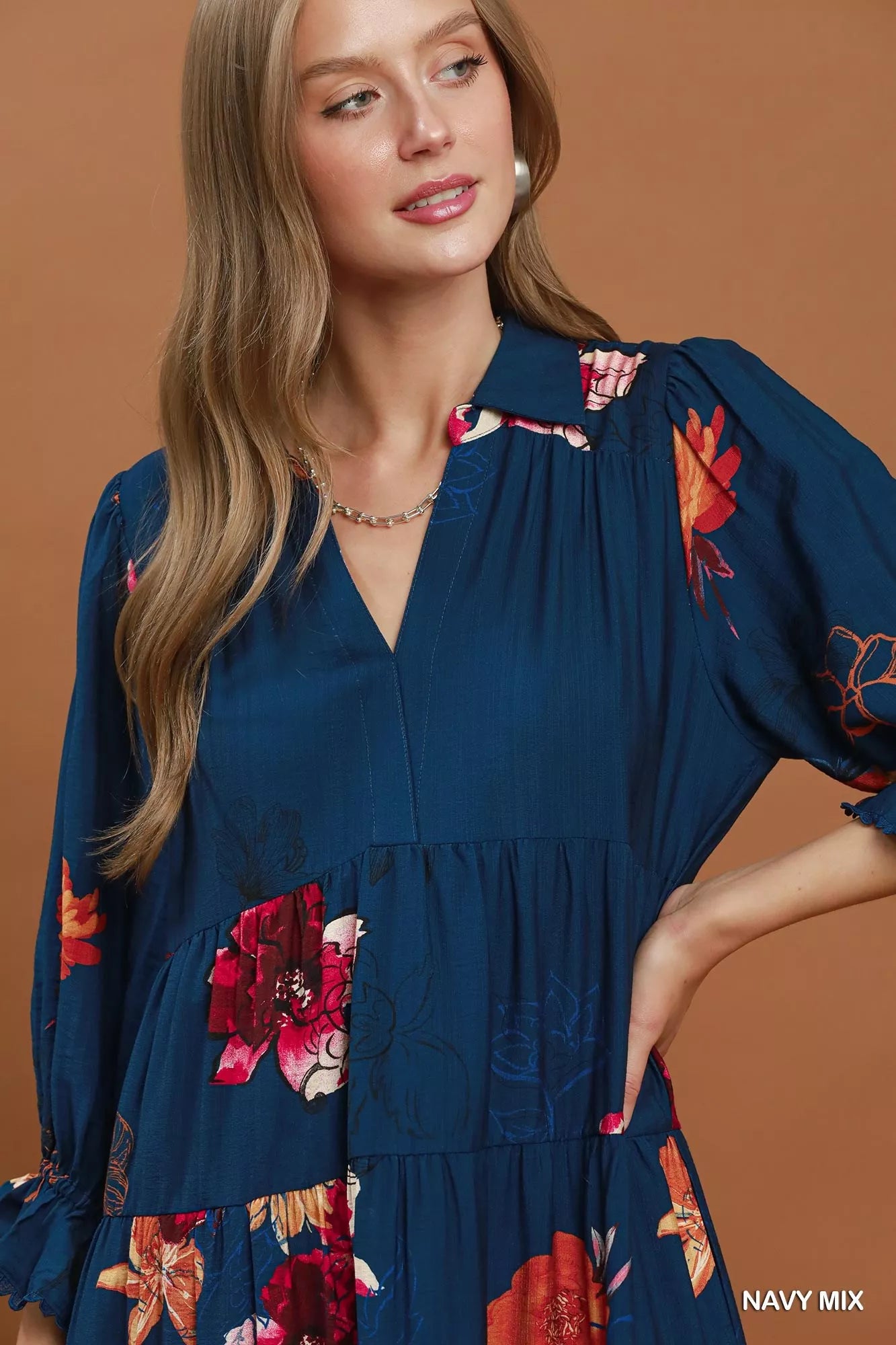 YSONA Umgee Floral Print Tiered Midi Dress with Puff Sleeves — close-up view | Women's Dress | Shop YSONA