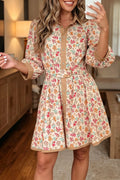 YSONA Floral Print Color Block Trim Button Down Belted Mini Dress — front view | Women's Dress