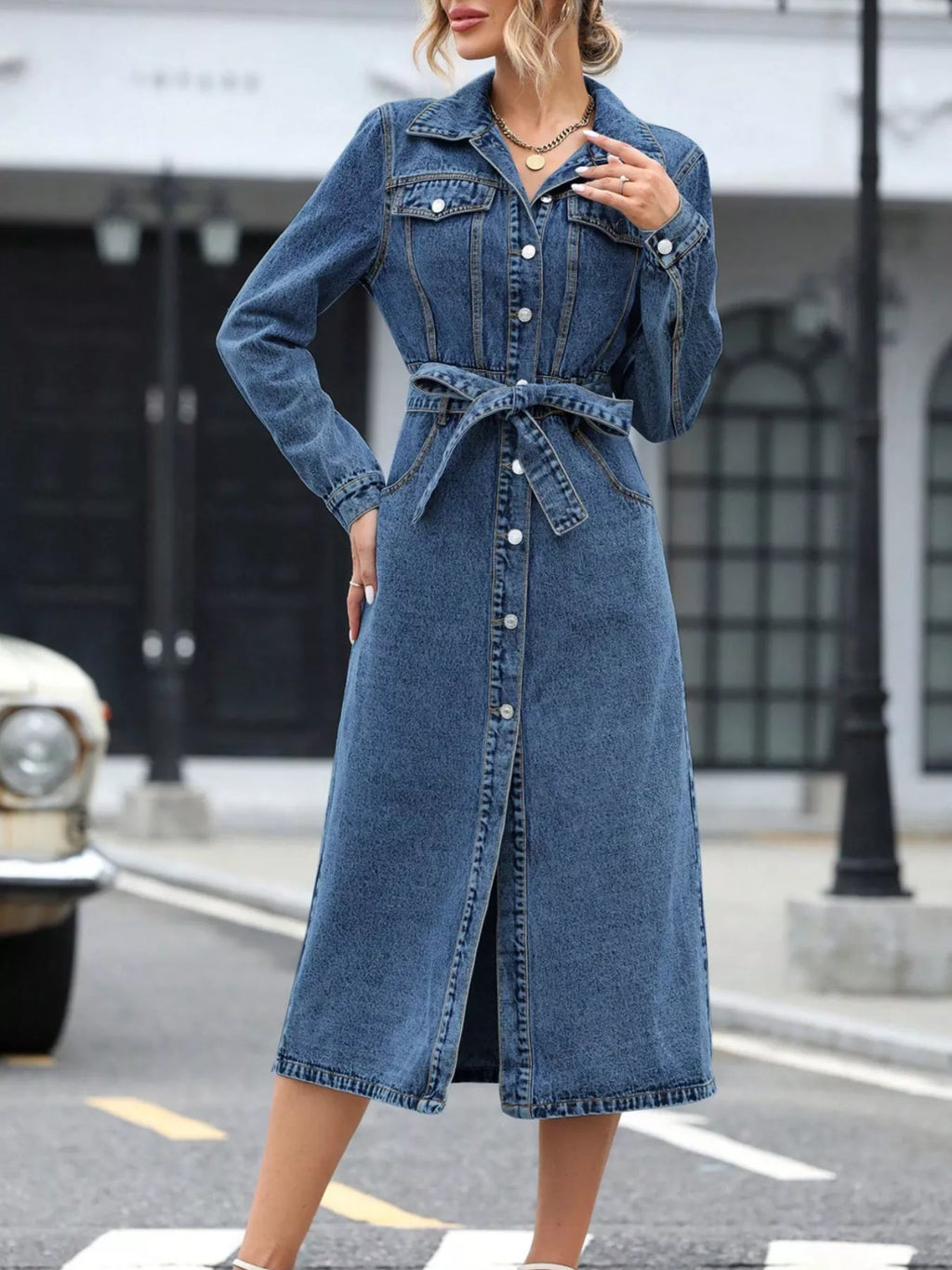 YSONA Belted Long Sleeve Denim Dress — close-up view | Women's Dress | Shop YSONA