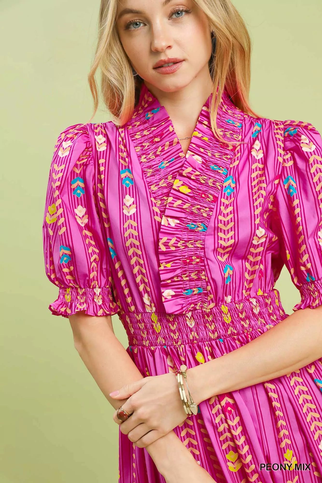 YSONA Umgee Vibrant Ruffle Smocked Midi Dress — side view | Women's Dress | Shop YSONA
