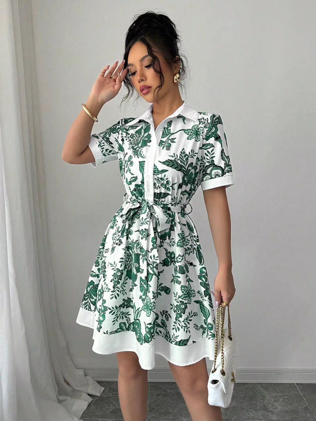 YSONA Printed Button Front Mini Dress — full length view | Women's Dress | Shop YSONA