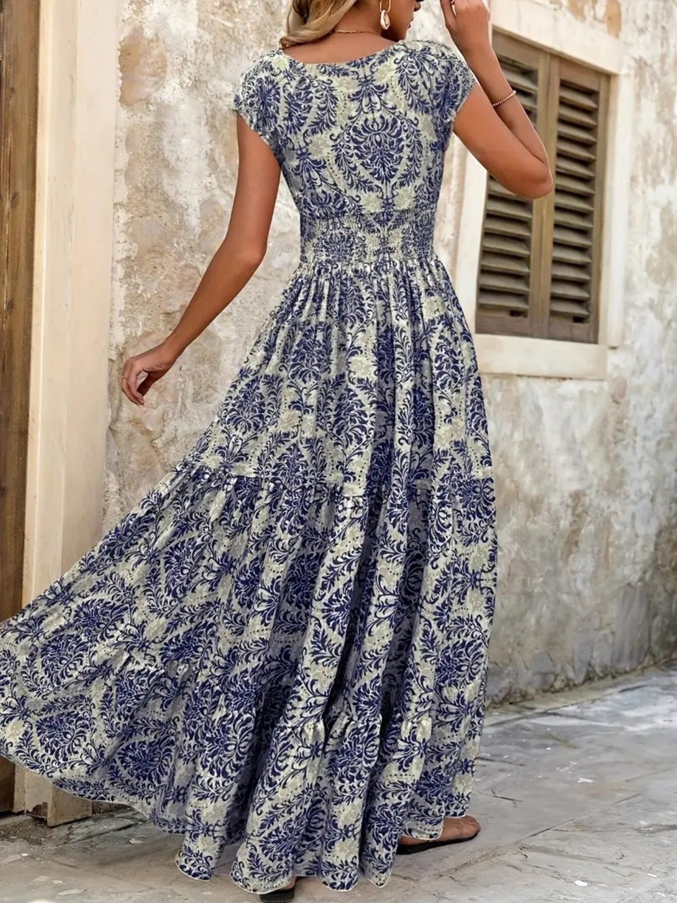 YSONA Printed Cap Sleeve Maxi Dress — detail view | Women's Dress | Shop YSONA