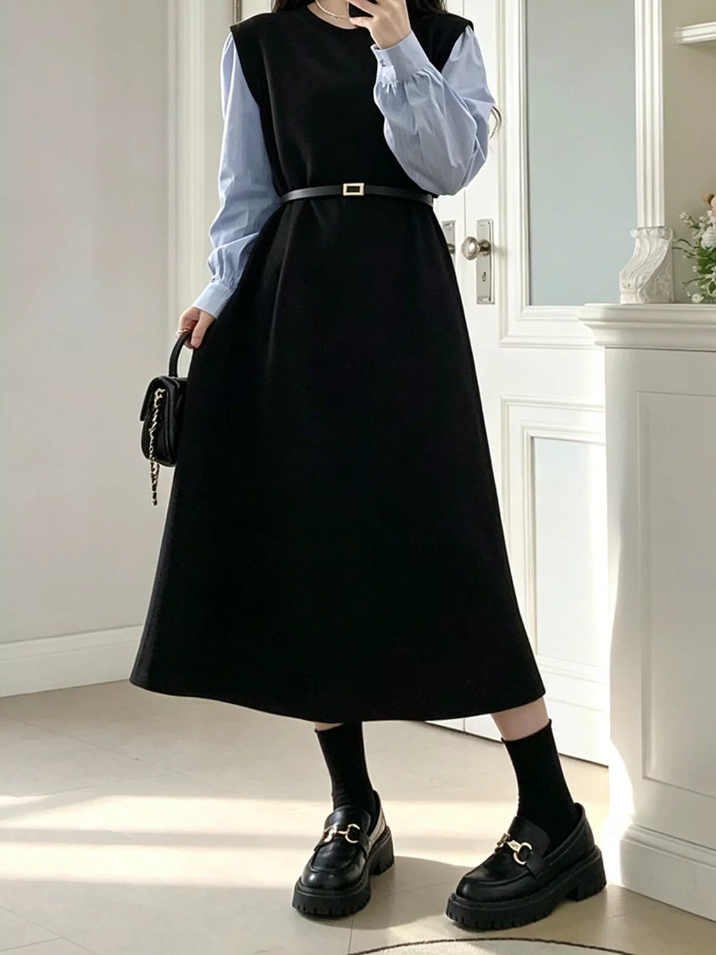 YSONA Contrast Sleeve A-Line Dress with Belt — detail view | Women's Dress | Shop YSONA