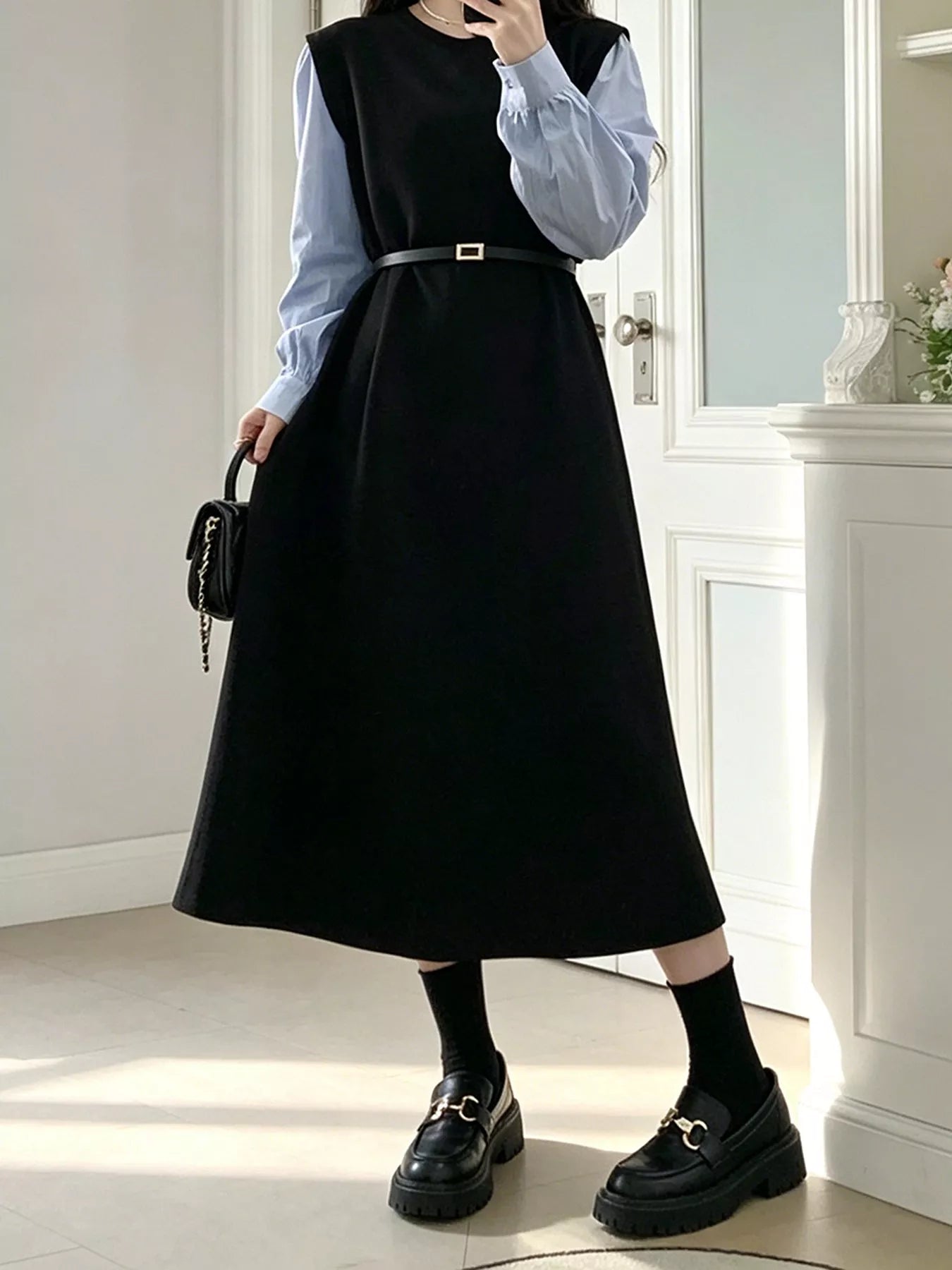 YSONA Contrast Sleeve A-Line Dress with Belt — detail view | Women's Dress | Shop YSONA