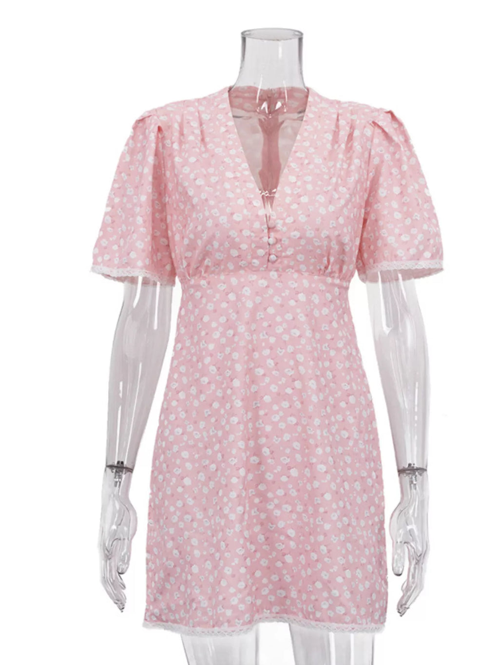 YSONA V-Neck Puff Sleeve Mini Dress with Lace Trim — close-up view | Women's Dress | Shop YSONA