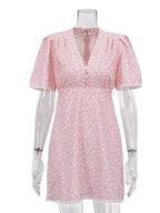 YSONA V-Neck Puff Sleeve Mini Dress with Lace Trim — close-up view | Women's Dress | Shop YSONA