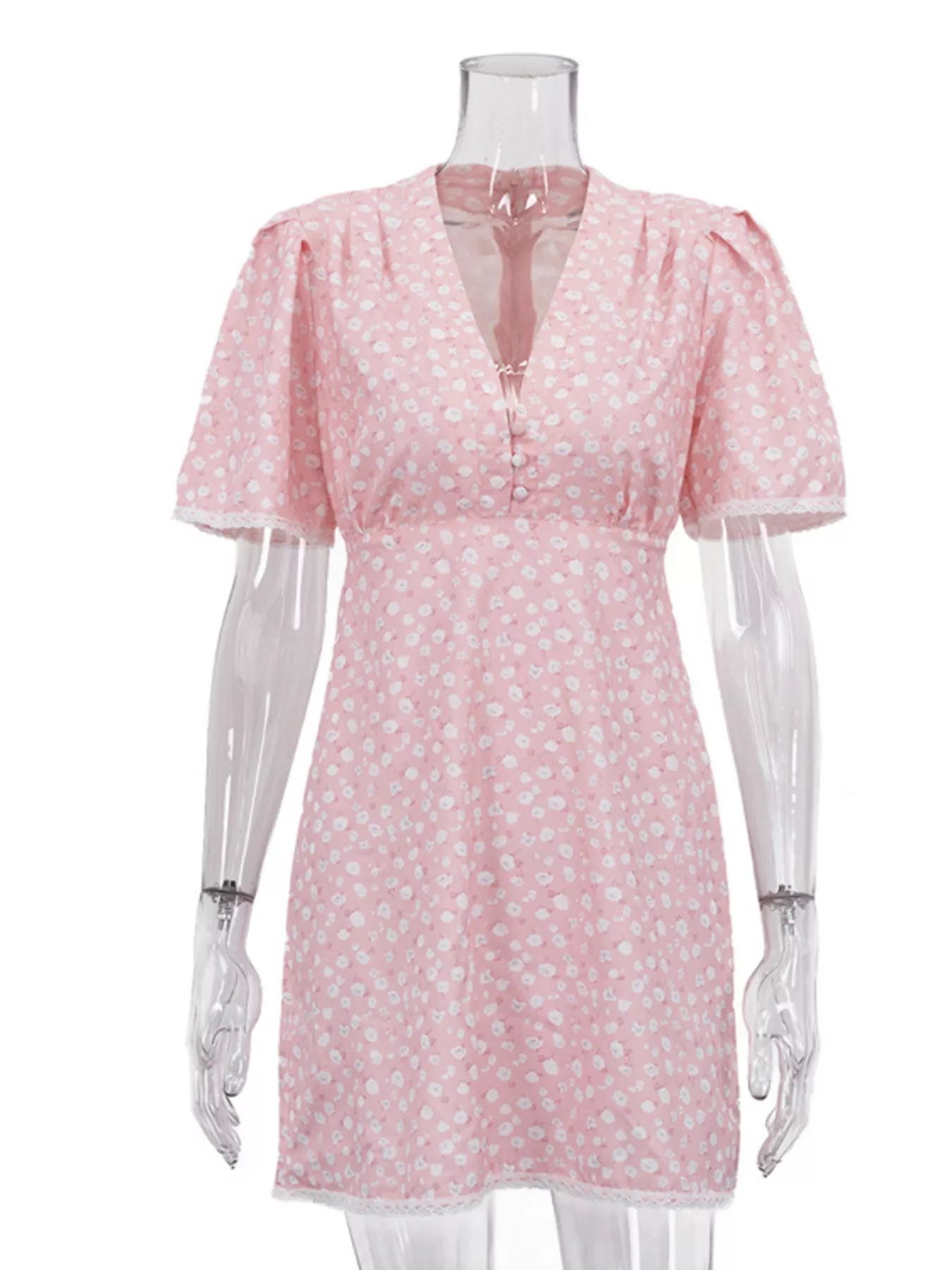 YSONA V-Neck Puff Sleeve Mini Dress with Lace Trim — close-up view | Women's Dress | Shop YSONA