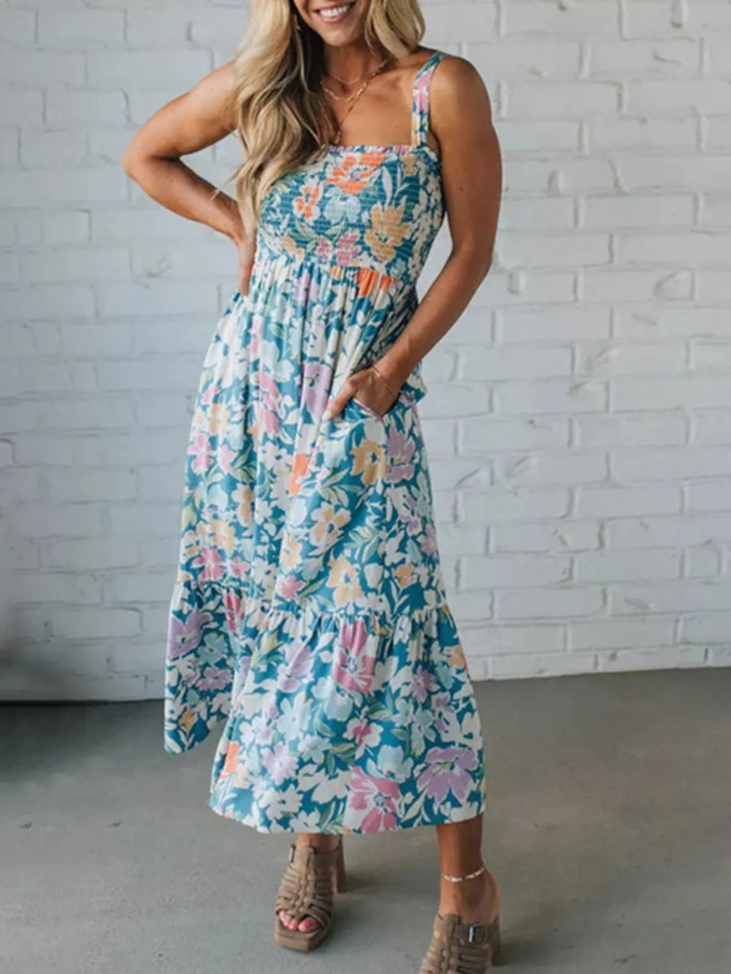 YSONA Floral Smocked Square Neck Midi Dress — back view | Women's Dress | Shop YSONA