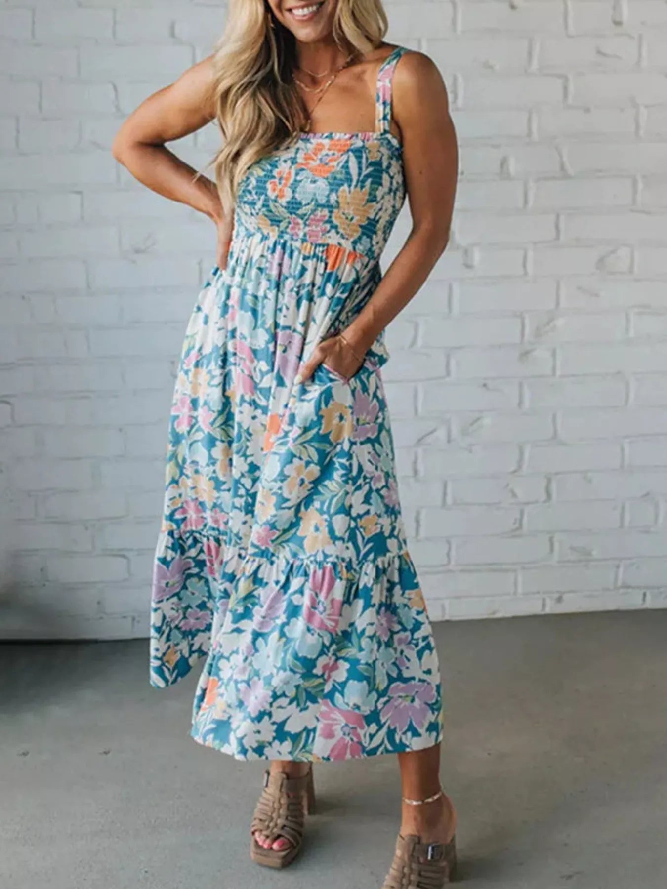 YSONA Floral Smocked Square Neck Midi Dress — back view | Women's Dress | Shop YSONA