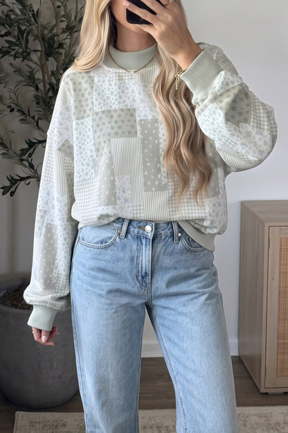 Khaki Patchwork Floral Print Mock Neck Long Sleeve Sweatshirt