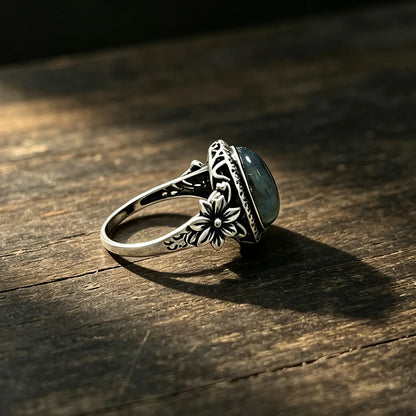 925 Sterling Silver Natural Labradorite Rings Oval Shape 10*14MM Large Stone and Flower Vintage Retro Silver Jewelry For Women